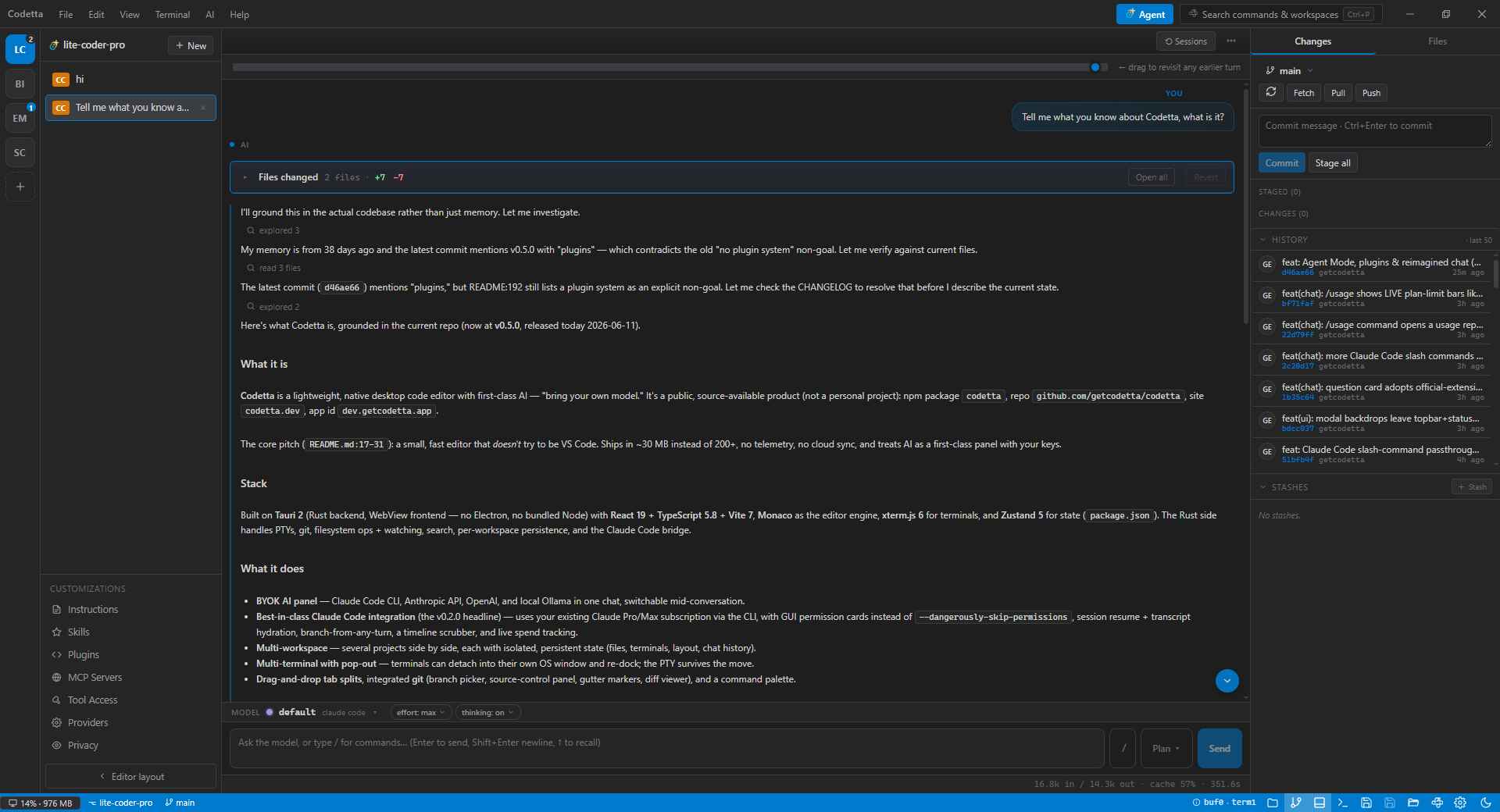 Codetta Agent Mode — a workspace rail, a sessions list with a Tasks section, a conversation-first chat with action chips, and a Changes / Files panel