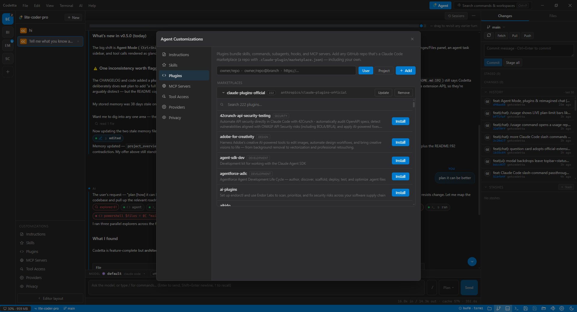 The Agent Customizations modal with tabs for Instructions, Skills, Plugins, MCP, Tool Access, Providers, and Privacy