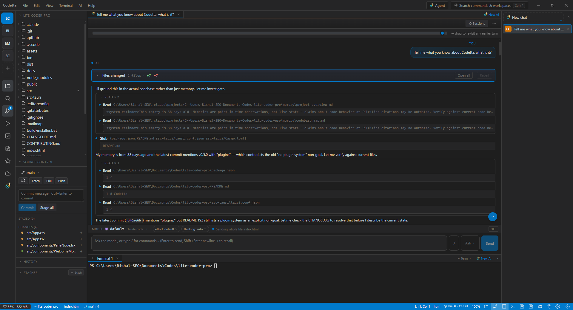 Codetta editor with file explorer, AI chat conversation, and AI chats rail